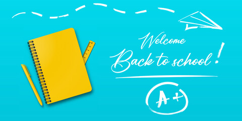 Back to school. Holiday for students. Vector banner concept with notebook and pen on turquoise or light blue background. Small handwritten text back to school. Place for text. Education poster.