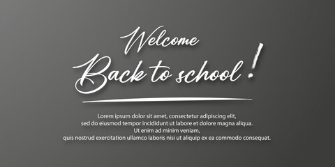 Welcome back to school. Holiday for students. Small handwritten text back to school. Place for text. Vector banner concept with notebook or note pad and pen. Black background.