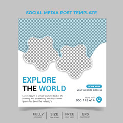 Travel tour social media post or blue banner design template, Travel social media banner design
