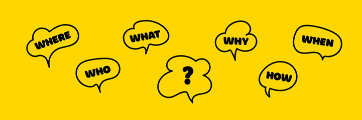 Question what, how, why, for what and where. Place for your text. Business web banner. Communication inclusion people concept. Vector illustration.