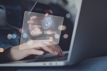Online Shopping and digital banking concept. Woman using laptop computer and credit card for online shopping and internet payment via mobile app, E-commerce, digital marketing