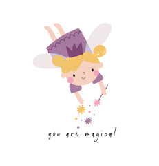 Cute cartoon Fairy - vector print. You are Magical. Cute Scandinavian little fairy print. Poster with fairy baby character