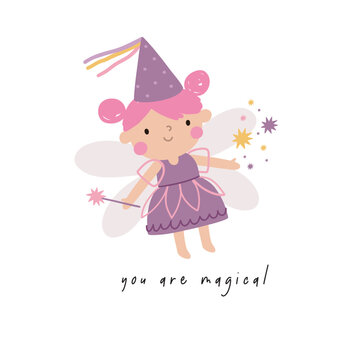 Cute cartoon Fairy - vector print. You are Magical. Cute Scandinavian little fairy print. Poster with fairy baby character