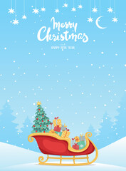 Merry christmas card. Santa Claus s sleigh with a Christmas tree and gifts against the background of a blue winter forest with stars and the moon. Flat cartoon vector illustration with copy space.