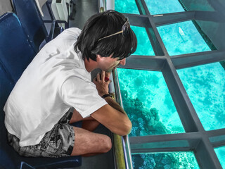 Adult young European man admiring the coral reefs of the Red Sea through the transparent glass bottom of a tourist ship. Tourist marine service in Sharm El Sheikh, Egypt © ioanna_alexa