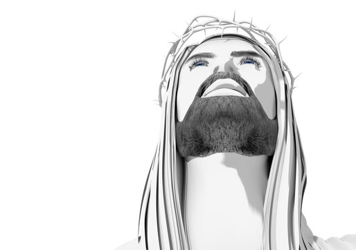 Portrait of Jesus Christ with crown of thorns. Biblical faith, gospel, salvation concept. 3D render