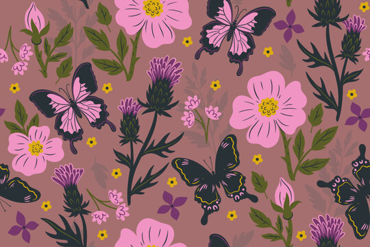 Seamless pattern with butterflies, wild rose and thistle flowers. Vector graphics.