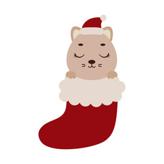 Cute little cat in Christmas sock. Cartoon animal character for kids cards, baby shower, invitation, poster, t-shirt composition, house interior. Vector stock illustration.