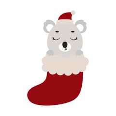 Cute little koala in Christmas sock. Cartoon animal character for kids cards, baby shower, invitation, poster, t-shirt composition, house interior. Vector stock illustration.