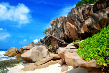 Grande Anse beach in La Digue Island, Indian Ocean, Seychelles. Tropical travel destination.