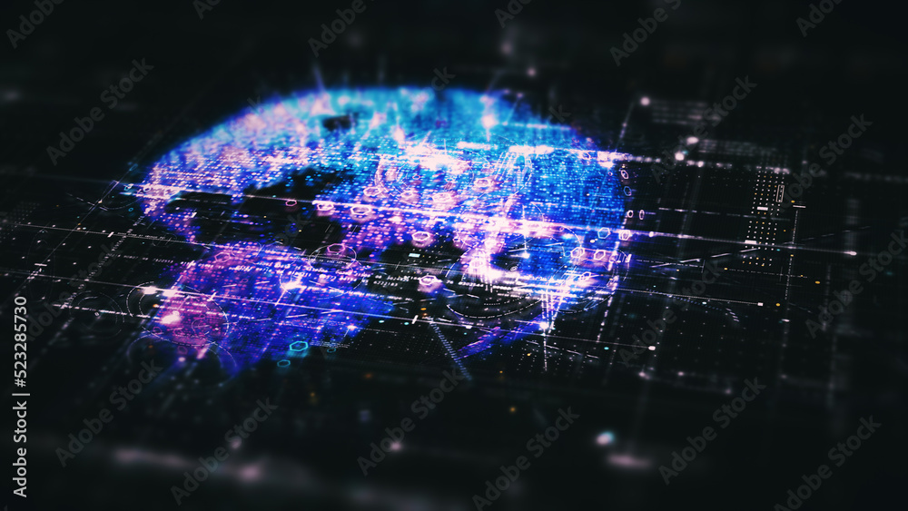 Aufkleber Advance digital generated motion abstract matrix cyber environment big data analytic artificial intelligent metaverse simulation, head up display background