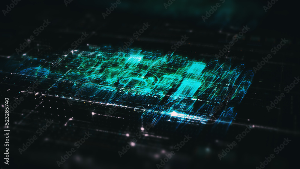 Poster Advance digital generated motion abstract matrix cyber environment big data analytic artificial intelligent metaverse simulation, head up display background