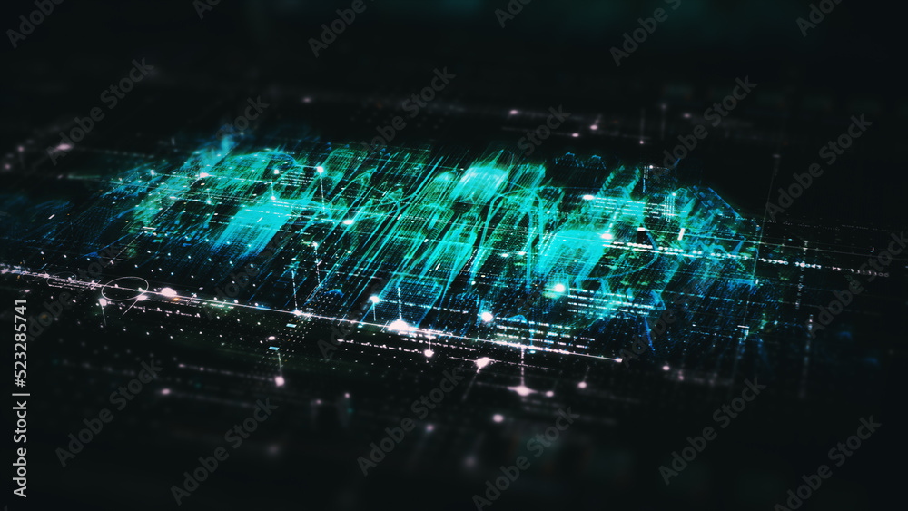 Aufkleber Advance digital generated motion abstract matrix cyber environment big data analytic artificial intelligent metaverse simulation, head up display background