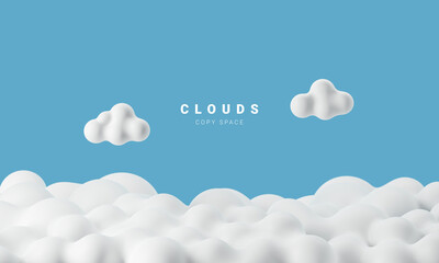 3D Fluffy clouds on blue sky background. copy space, 3d rendering