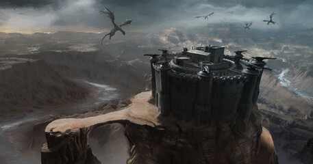 A castle fortress in a desert landscape surrounded by dragons flying in the sky.