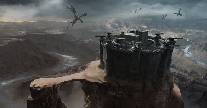 A castle fortress in a desert landscape surrounded by dragons flying in the sky.
