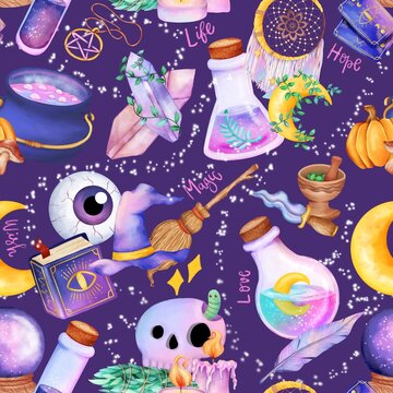 seamless pattern magic witch Magic potions tubes  bottles. Wrapping paper Magical elements watercolor textile fabric digital paper  halloween