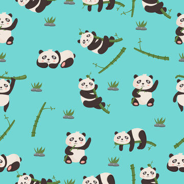 Cute cartoon panda bear seamless pattern animals background with bamboo 