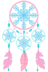 Crystal Blue, green, pink Dream Catcher with pendulum and feather White Christmas winter season, watercolor style.