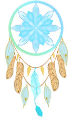 Crystal Blue, green, pink Dream Catcher with pendulum and feather White Christmas winter season, watercolor style.
