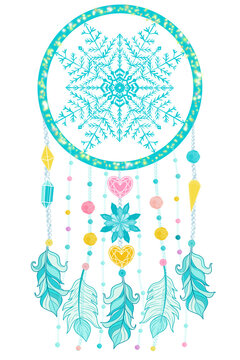 Crystal Blue, green, pink Dream Catcher with pendulum and feather White Christmas winter season, watercolor style.