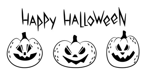 Doodle set of scary pumpkins and lettering Happy Halloween.Outline.Sketch.Vector design elements for cards,poster,social media template,invitation.Isolated on white background.