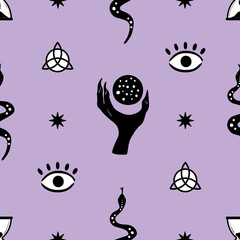 Vector seamless pattern with doodle mystic elements:witch hand,crystall ball,snake,eye.Magical background.Divination.