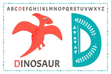 Capital letter D of childish English alphabet with cute baby red dinosaur. Kids font with funny animal for kindergarten and preschool education. Hand-drawn flat vector illustration isolated on white.