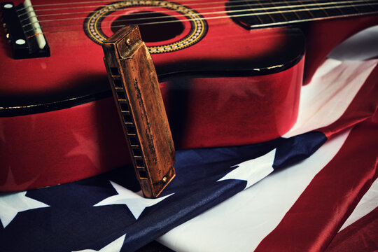 Star Spangled Banner, Guitar And Harmonica. Musical Instrument And Flag Of The United States Of America.