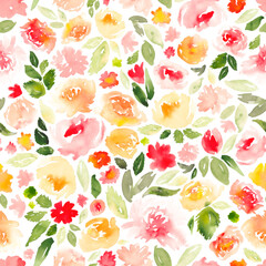 Seamless watercolor floral pattern in pink, red, yellow, orange and green. All over abstract botanical print. - 523290783