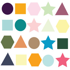 shape icons, star,circle, rectangle, triangle icons and other shapes in a design. with a blend of soft color samples.