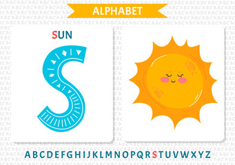 Obraz premium Educational cartoon illustration of letter S from alphabet with Sun character