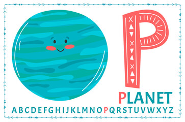 Educational cartoon illustration of letter P from alphabet with Planet character