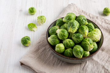 Raw Organic Brussel Sprouts in a Bowl, side view.
