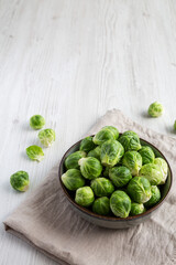 Raw Organic Brussel Sprouts in a Bowl, side view. Copy space.