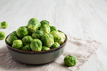 Raw Organic Brussel Sprouts in a Bowl, side view. Copy space.