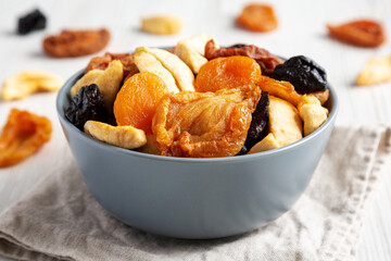 Organic healthy fruit mix in a bowl, side view. Close-up.