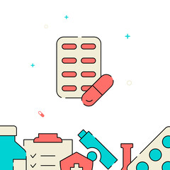 Pill packaging filled line vector icon, simple illustration, related bottom border.