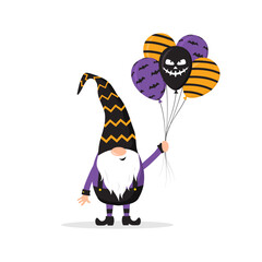 Halloween gnome. Cute scandinavian dwarf with balloons. Dwarf celebrate spooky night. Happy holiday poster. Vector illustration in flat cartoon style.