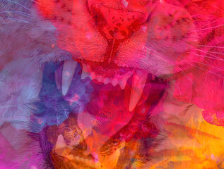 Abstract image for an excellent background of ferrocious teeth and lion mouth with red, yellow, blue shapes.
