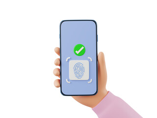 Cartoon hand holding smartphone with screen fingerprint and correct check mark or biometric access control, fingerprint screen security system concept, 3D rendering illustration