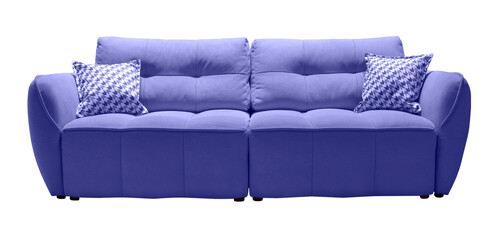 Very peri sofa with checkered pillows isolated. Upholstered furniture for living room. Purple couch isolated