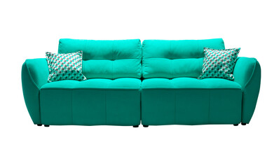 Naklejka premium Teal sofa with checkered pillows isolated. Upholstered furniture for living room. Turquoise couch isolated