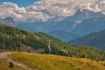 Fototapeta na wymiar Views traversing the base of Pale di San Martino, Dolomites, Italy