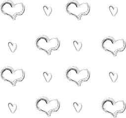 Hand drawn watercolor seamless pattern with hearts. Black brush stroke hearts on white background.