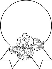 Hand drawn irises floral logo, frame, border, promo element. Brand emblem template. Minimalistic monogram.