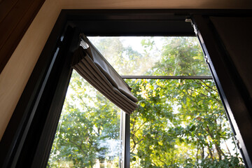 Room ventilation, airing the room with open window, sun rays through the leaves of the trees shining into the room.