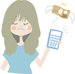 無駄遣いをしてしまって悲しい表情の女の子のイラスト（電卓バージョン）