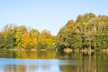 Fototapeta na wymiar Colorful autumn colors on the deciduous trees at a lake
