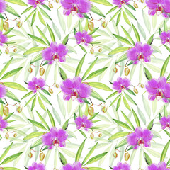 seamless background with flowers. pink orchids with leaves. hand drawn seamless pattern. 